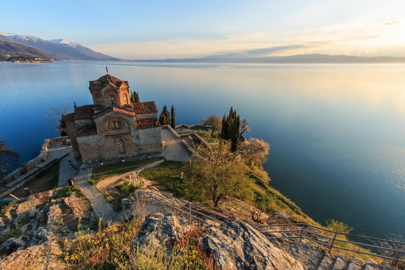 Sunset over the Church of Saint John the Theologian on Lake Ohrid , North Macedonia